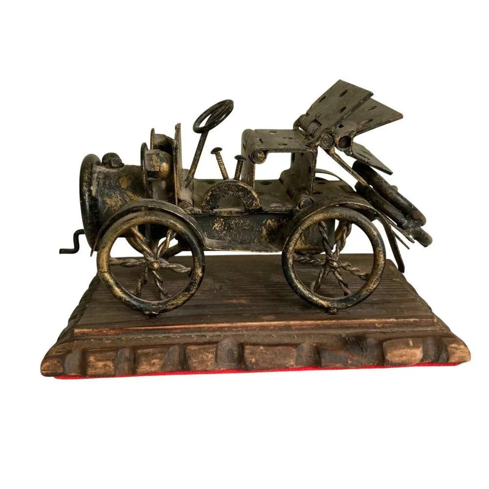 Vintage Chippy Rusty Metal Model Car Sculpture On Wooden Base Lobeco Spain
